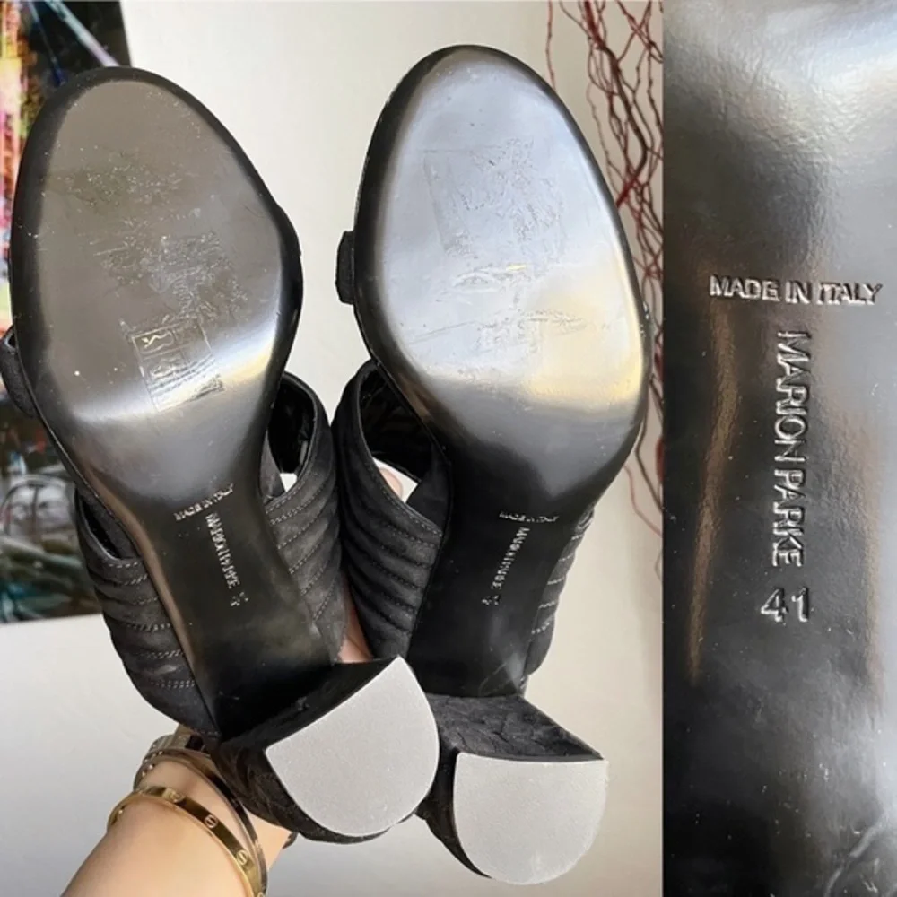 New Marion Parke BLACK Quilted Suede Leather Slide Sandals - Picture 14 of 15